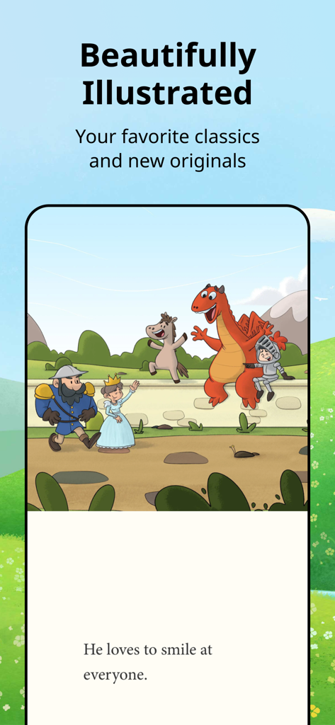 Booktime - A page from a childrens storybook in the Booktime app showing a red dragon and a princess.