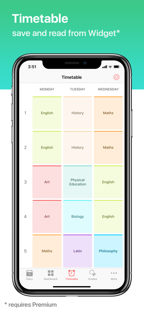Aplicación Smart Diary Edu mostrando un horario escolar semanal codificado por colores en un iPhone.