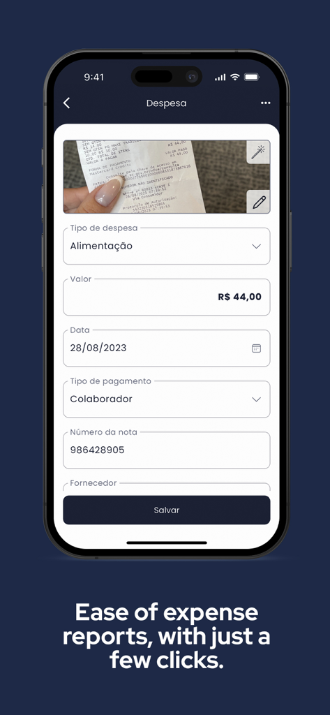 Interface do aplicativo móvel Paytrack para registro digital de despesas e gerenciamento de recibos