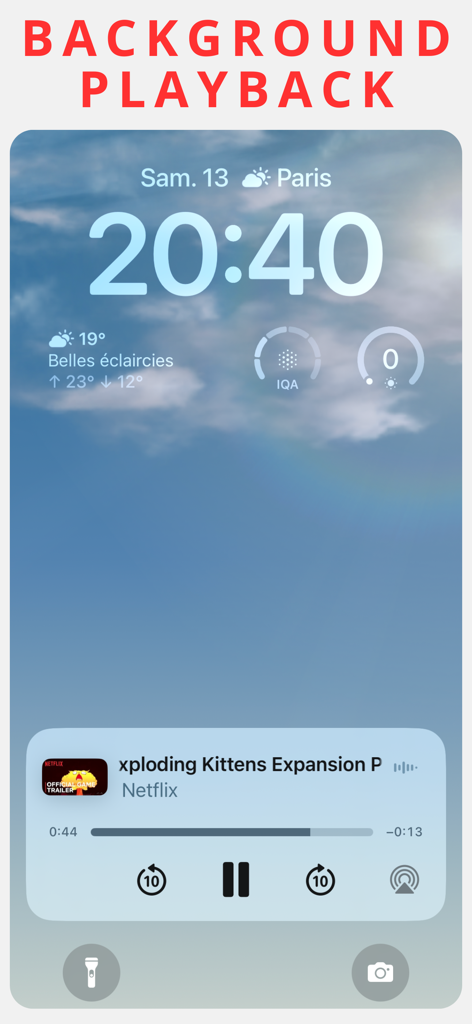 Pip Video Player - Écran de verrouillage de l'iPhone démontrant la lecture vidéo en arrière-plan avec les commandes multimédias.
