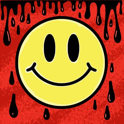 smiley face with drippy black and white background