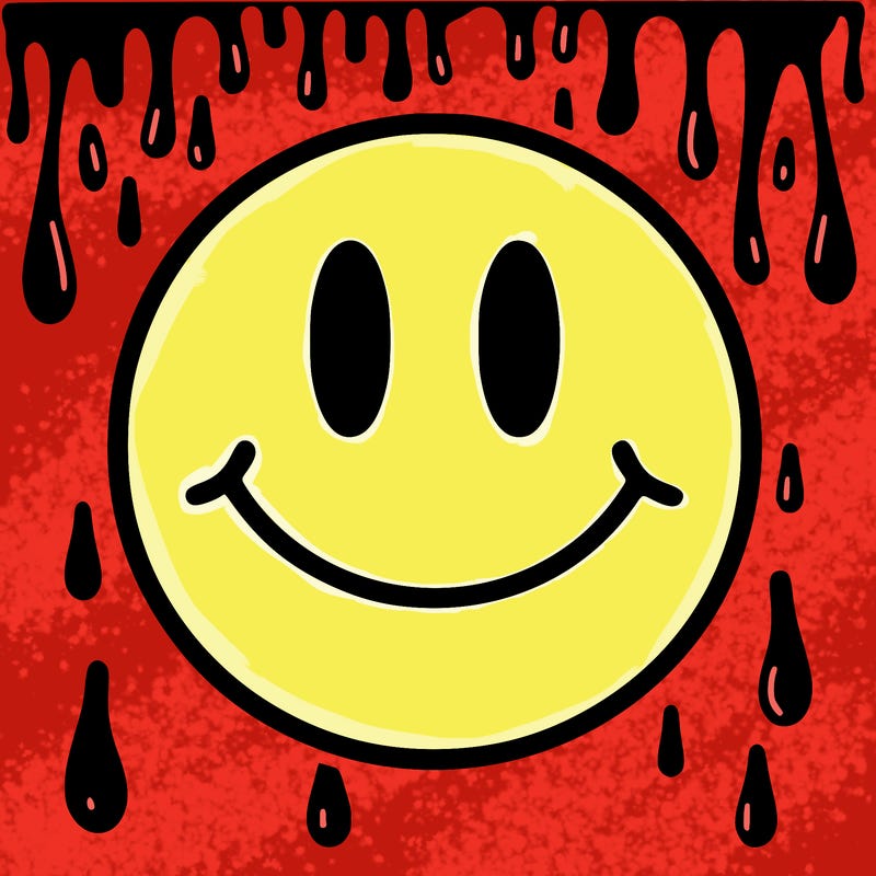 smiley face with drippy black and white background