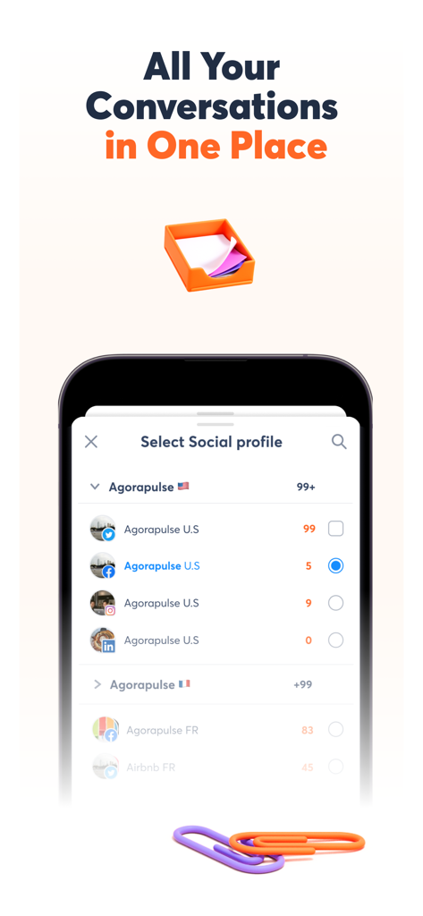 Agorapulse Companion App - Agorapulseアプリ画面に、統合受信トレイ用のソーシャルメディアプロファイル選択が表示されている様子