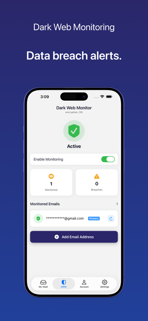 Password Manager by VMP - Pantalla de aplicación móvil que muestra el panel de monitoreo de la Dark Web para la aplicación Password Manager de VMP, con alertas de brechas de datos y correos electrónicos monitoreados.