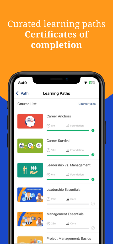 GLOBIS Unlimited - Captura de pantalla de la interfaz de la aplicación GLOBIS Unlimited mostrando una lista de rutas de aprendizaje y cursos de negocios seleccionados para el desarrollo profesional