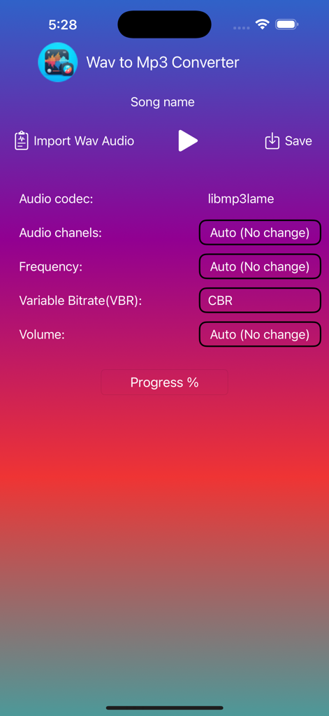 User interface of the WAV to MP3 Converter app showing audio settings for bitrate and sample rate on a gradient background