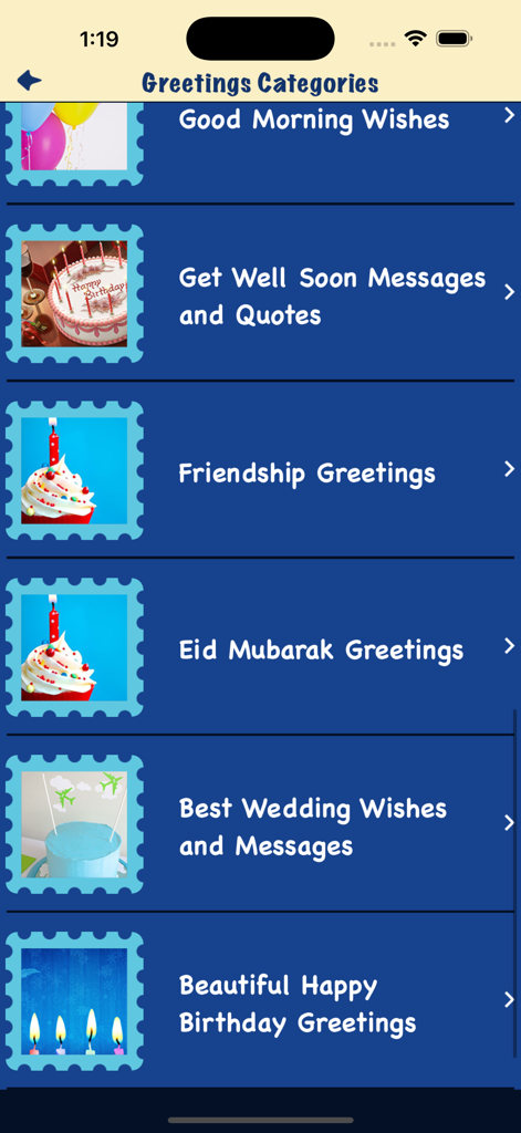 A list of greeting card categories in the app including Good Morning, Get Well Soon, Friendship, and Birthday wishes.