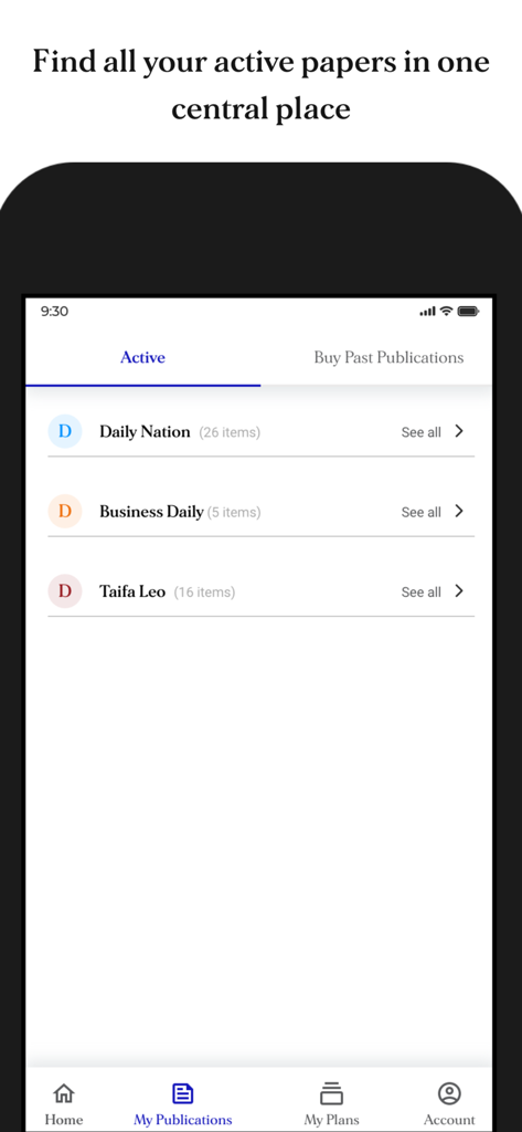 Screenshot of the Nation ePaper app showing a list of active publications including Daily Nation and Business Daily