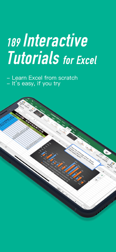 office interactive tutorials - A smartphone displaying an interactive Excel spreadsheet lesson with a chart and a helpful tutorial tooltip.