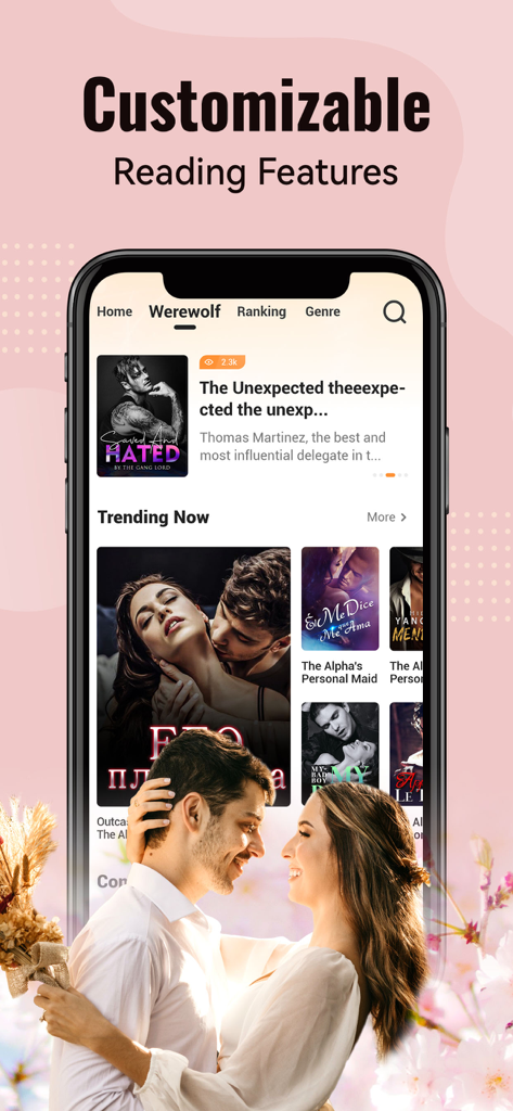 Mobile app interface for BestNovel showing romance and werewolf stories with customizable reading features