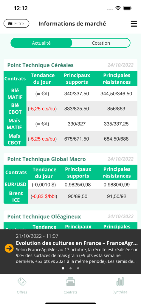 AGRImarket Formation - Interface of the AGRImarket Formation app showing technical market data and commodity price trends