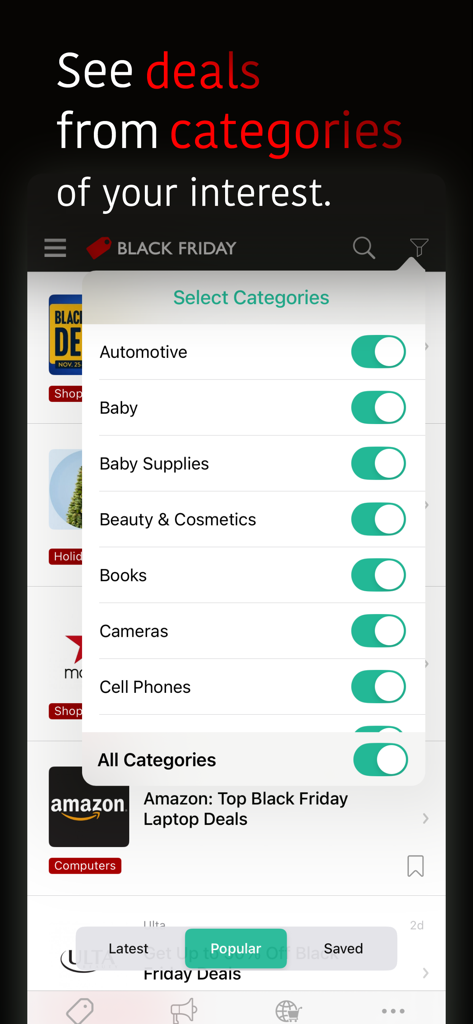Interface showing selection of shopping categories for Black Friday deals