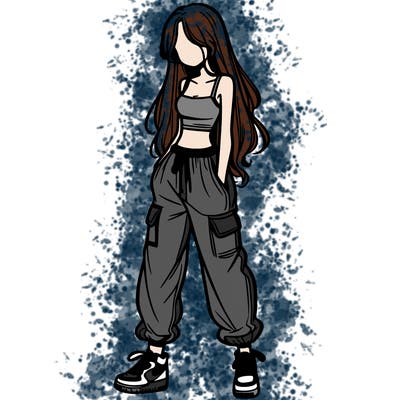girl in baggy pants crop top and long hair