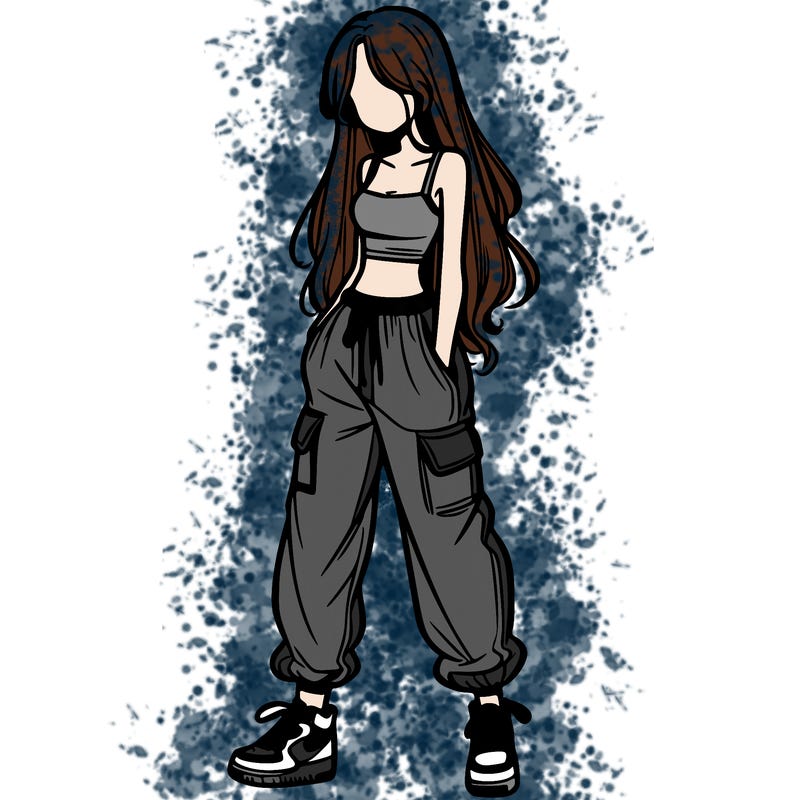 girl in baggy pants crop top and long hair