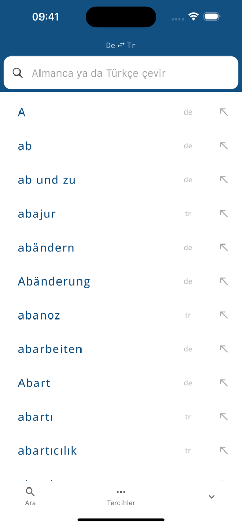 German Turkish Dictionary DeTr - Interface do aplicativo móvel mostrando uma lista de vocabulário em alemão e turco com uma barra de pesquisa.