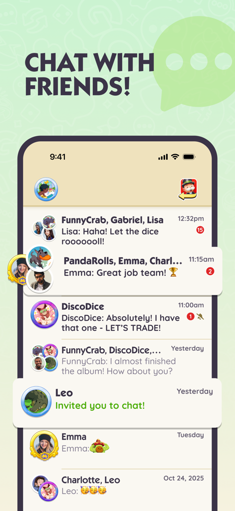 MONOPOLY GO!Chat - A screenshot of the MONOPOLY GO!Chat app showing various message threads between friends and teammates about dice rolling and sticker trading.
