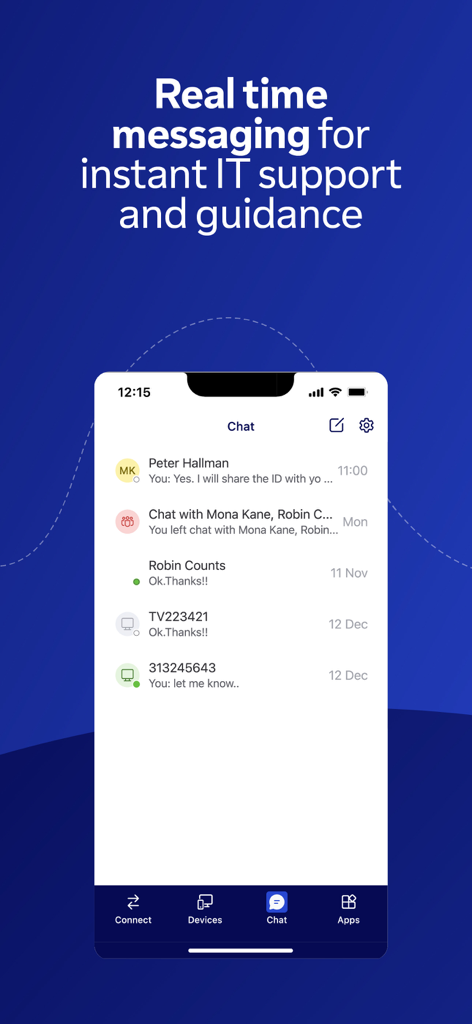 TeamViewer Remote Control app screenshot showing the real time messaging interface for IT support