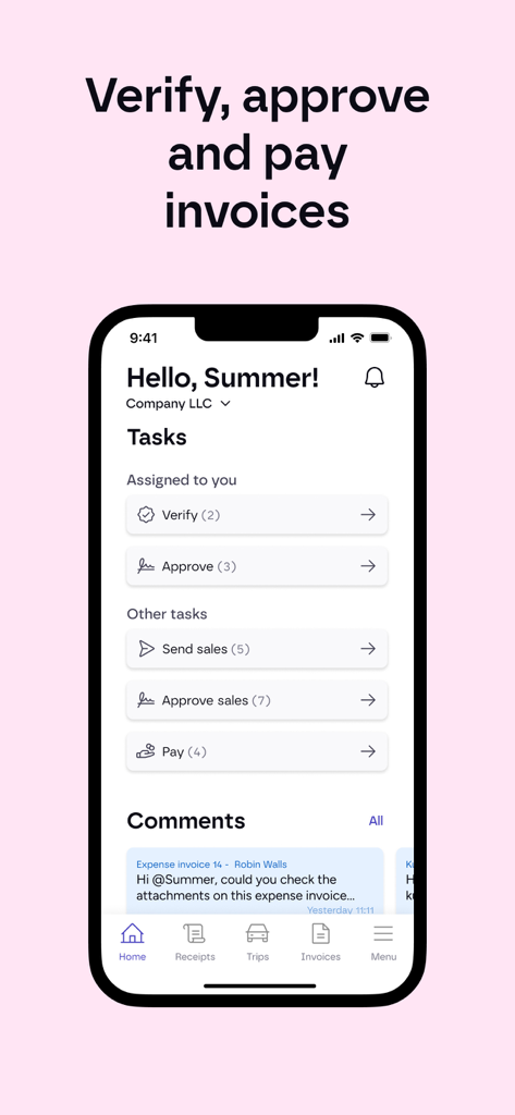 Procountor - Panel de la aplicación Procountor que muestra una lista de tareas para verificar, aprobar y pagar facturas de empresa