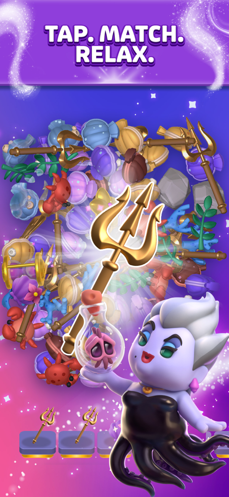Disney Magic Match 3D - Personaje de Úrsula sosteniendo una poción junto al tridente del Rey Tritón y otros objetos de Disney en un puzzle de emparejamiento 3D
