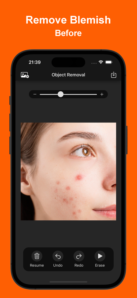 Interface of Inpaint app showing a close up portrait with skin blemishes before removal