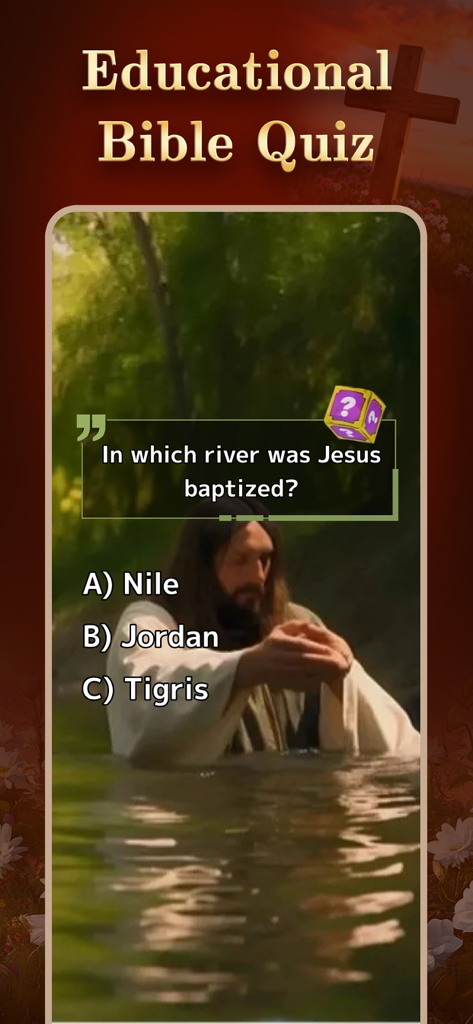 A screenshot of an educational Bible quiz asking in which river Jesus was baptized