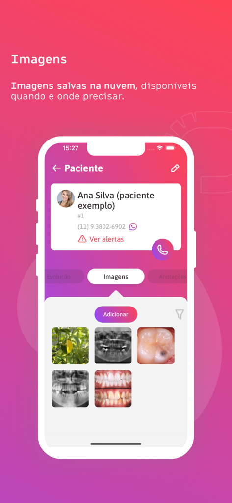 Uma tela móvel do aplicativo Dental Office mostrando um perfil de paciente com raios-X dentários e fotos clínicas armazenados na nuvem.