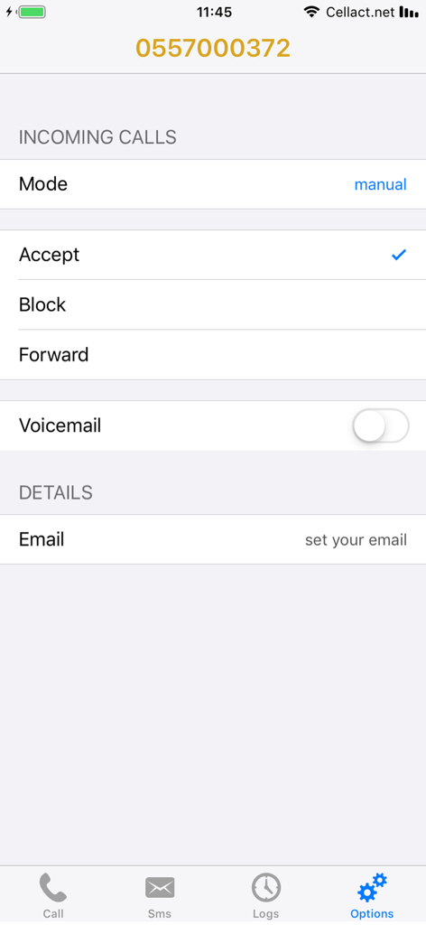 Secnum - Interfaz de la aplicación Secnum mostrando opciones de gestión de llamadas entrantes para un número de teléfono israelí
