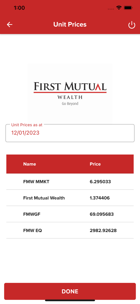 Una pantalla de aplicación móvil que muestra los precios de las unidades de inversión para los fondos de First Mutual Wealth, incluidos MMKT y EQ.