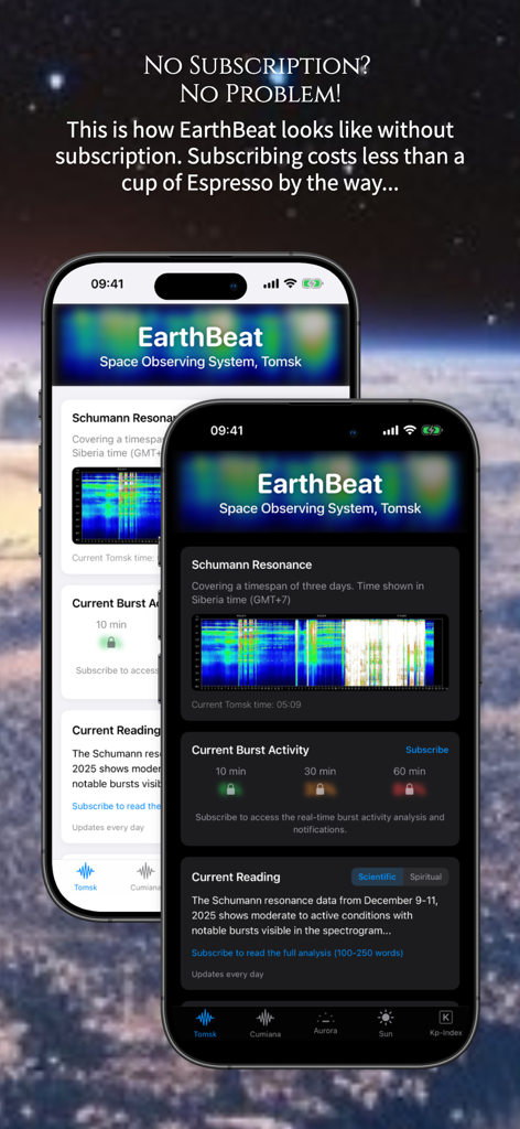 EarthBeat - Schumann Resonance - 2つのモバイルデバイスにシュマン共鳴データとチャートが表示されたEarthBeatアプリのインターフェース。