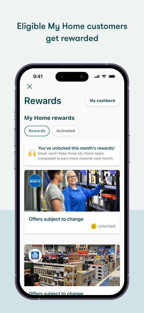 Suncorp Insurance App - Pantalla de la app Suncorp Insurance mostrando recompensas My Home y ofertas minoristas desbloqueadas para clientes elegibles.