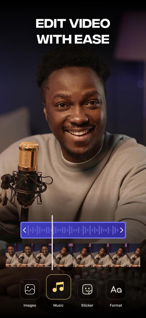 Verba: Captions & Video Editor - Interfaz de la app móvil Verba que muestra herramientas de edición de video fáciles para creadores de redes sociales