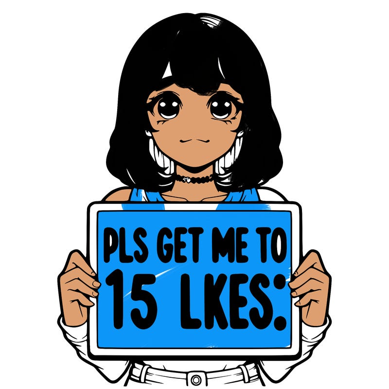 realistic girl holding up a sign that says “pls get me to 15 likes!”