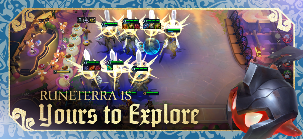 TFT: Teamfight Tactics - Gameplay screenshot of TFT Teamfight Tactics showing champions on a board with the text Runeterra is Yours to Explore