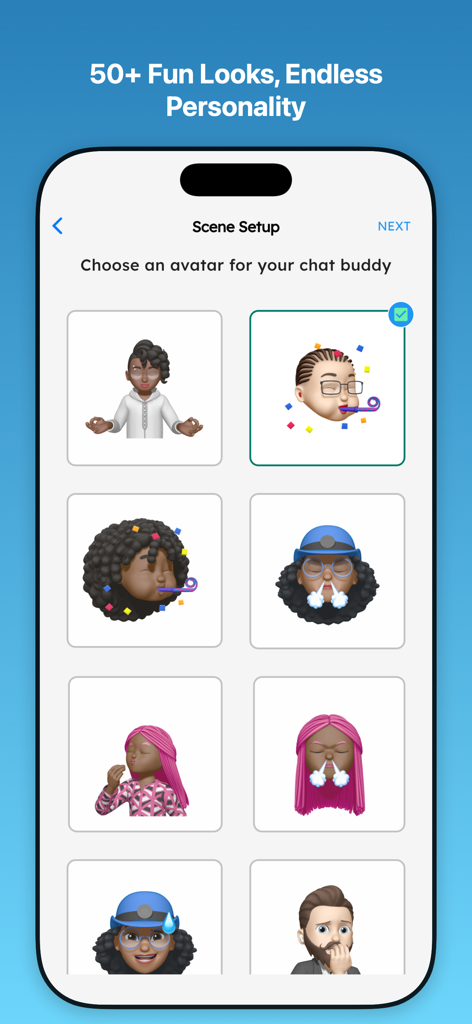 Avatar selection screen in Langua app with various character options