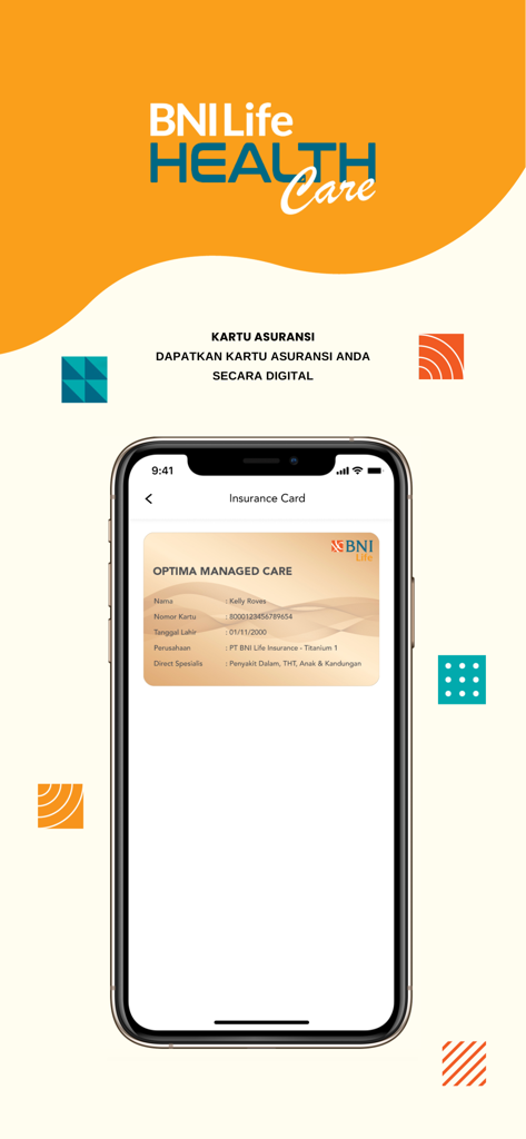 BNI Life Health Care 모바일 앱에서 디지털 건강 보험 카드를 표시하는 스마트폰