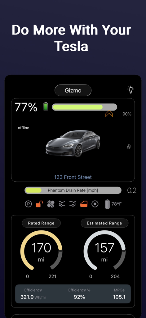 Stats -- For your Tesla - Main dashboard of the Stats app for Tesla showing battery level range and efficiency data