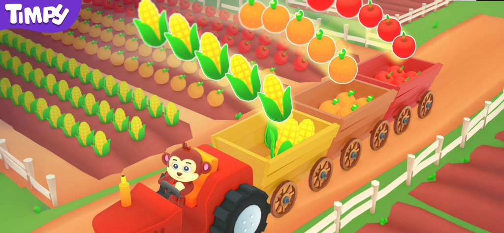 Barn & Farm Games For Kids - A cartoon monkey driving a red tractor while sorting corn and fruit into trailers on a farm