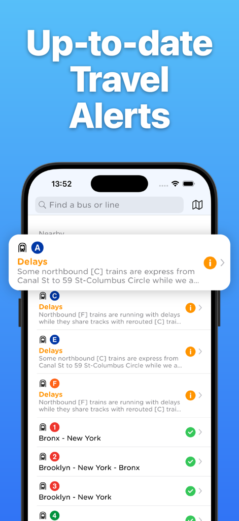 NYC Transit app interface showing live subway service alerts and delays