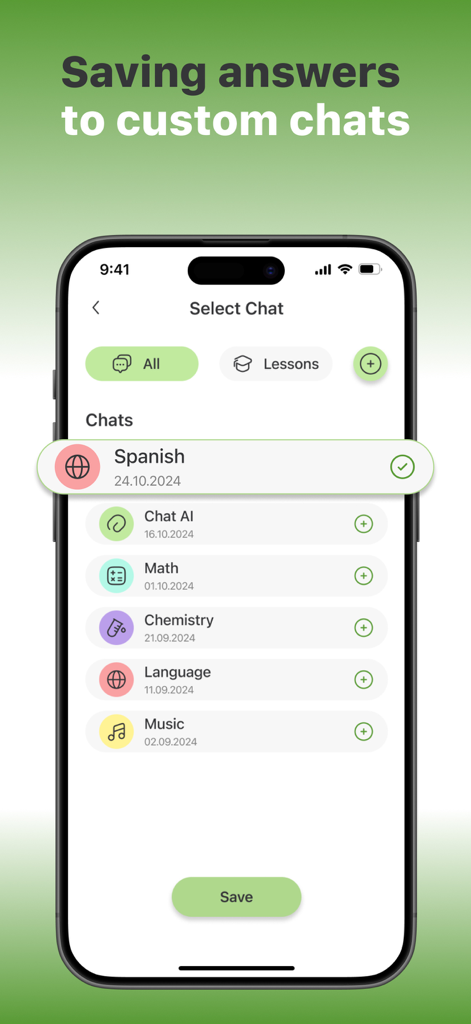 Bildschirm der KI-Hausaufgabenhelfer-App, der fachspezifische Chat-Ordner zum Speichern und Organisieren von Antworten auf Schulaufgaben anzeigt