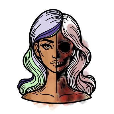 bust of a woman, half face and hair, half skull