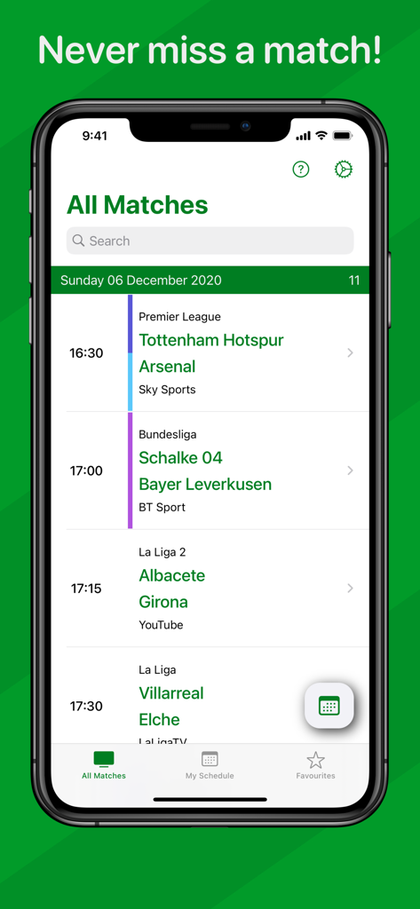 Interface do aplicativo Live Football On TV mostrando uma programação de partidas de futebol futuras e seus canais de transmissão.