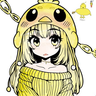 anime girl with chick shaped hat with sweater with bare shoulders with bangs covering them one eye with low tail