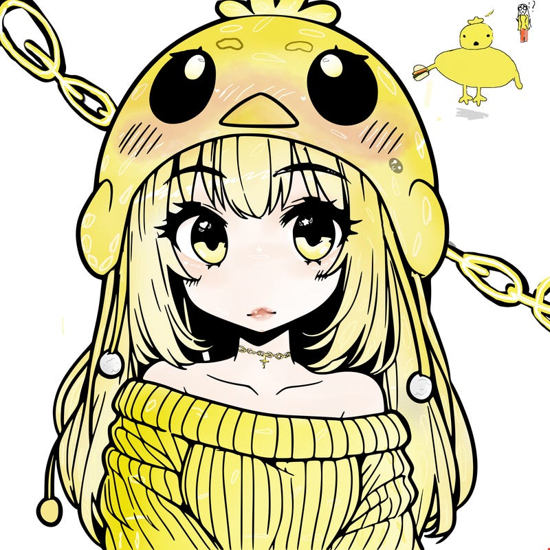 anime girl with chick shaped hat with sweater with bare shoulders with bangs covering them one eye with low tail