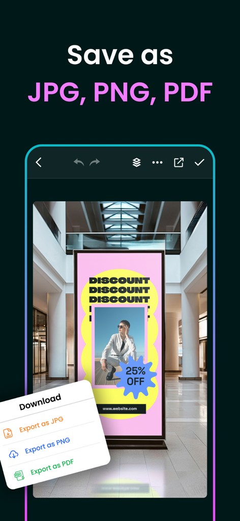 Poster Maker app interface showing export options for JPG PNG and PDF formats