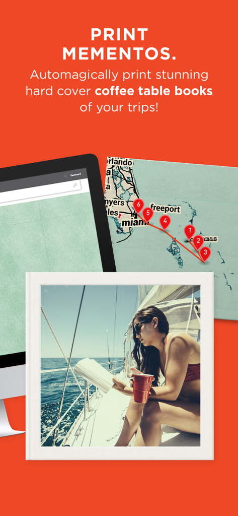 Journo: Travel & Trip Tracker - A promotional screen for Journo app showing a printed travel coffee table book and a journey map tracking a trip from Florida to the Bahamas.