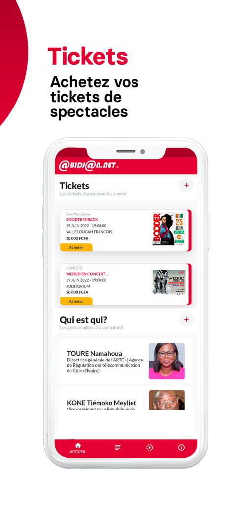 Abidjan.net mobile app screen showing show tickets and the Who is Who section with Ivorian personalities