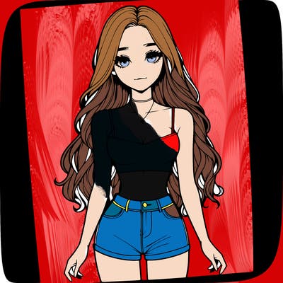 a realistic girl with long hair and in a crop top and shprts
