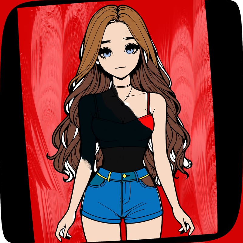 a realistic girl with long hair and in a crop top and shprts