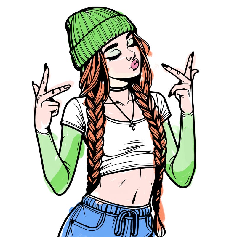 realistic teenage girl with braids and a beanie and crop top doing 🫶🏼