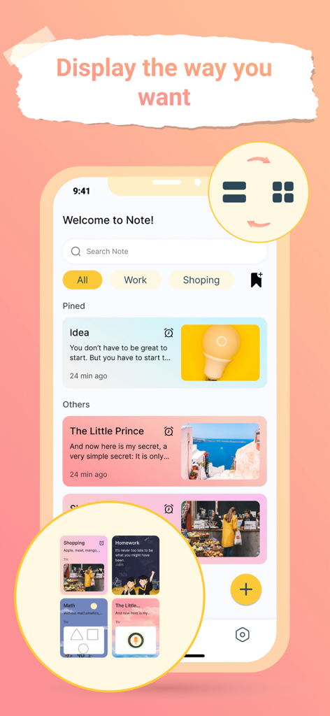 Interface do aplicativo Color Note mostrando diferentes opções de layout de lista e grade para notas e memorandos coloridos
